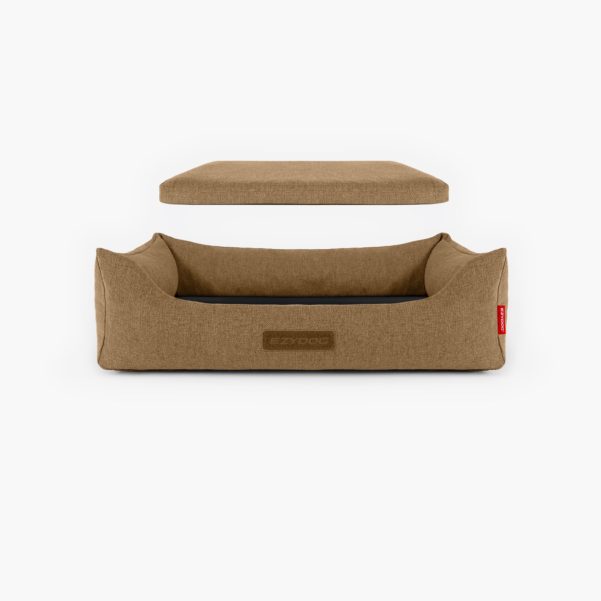 Brown dog bed with a detachable cushion on a white background
