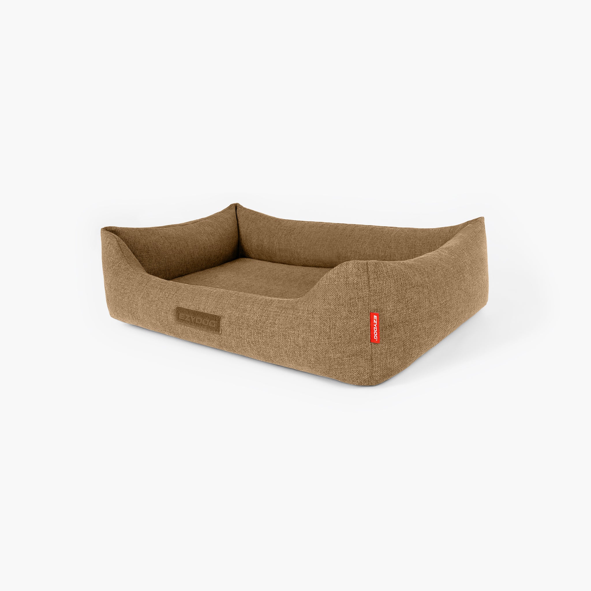 Brown dog bed with a red tag on a white background