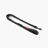 Black dog leash with a red logo on a white background
