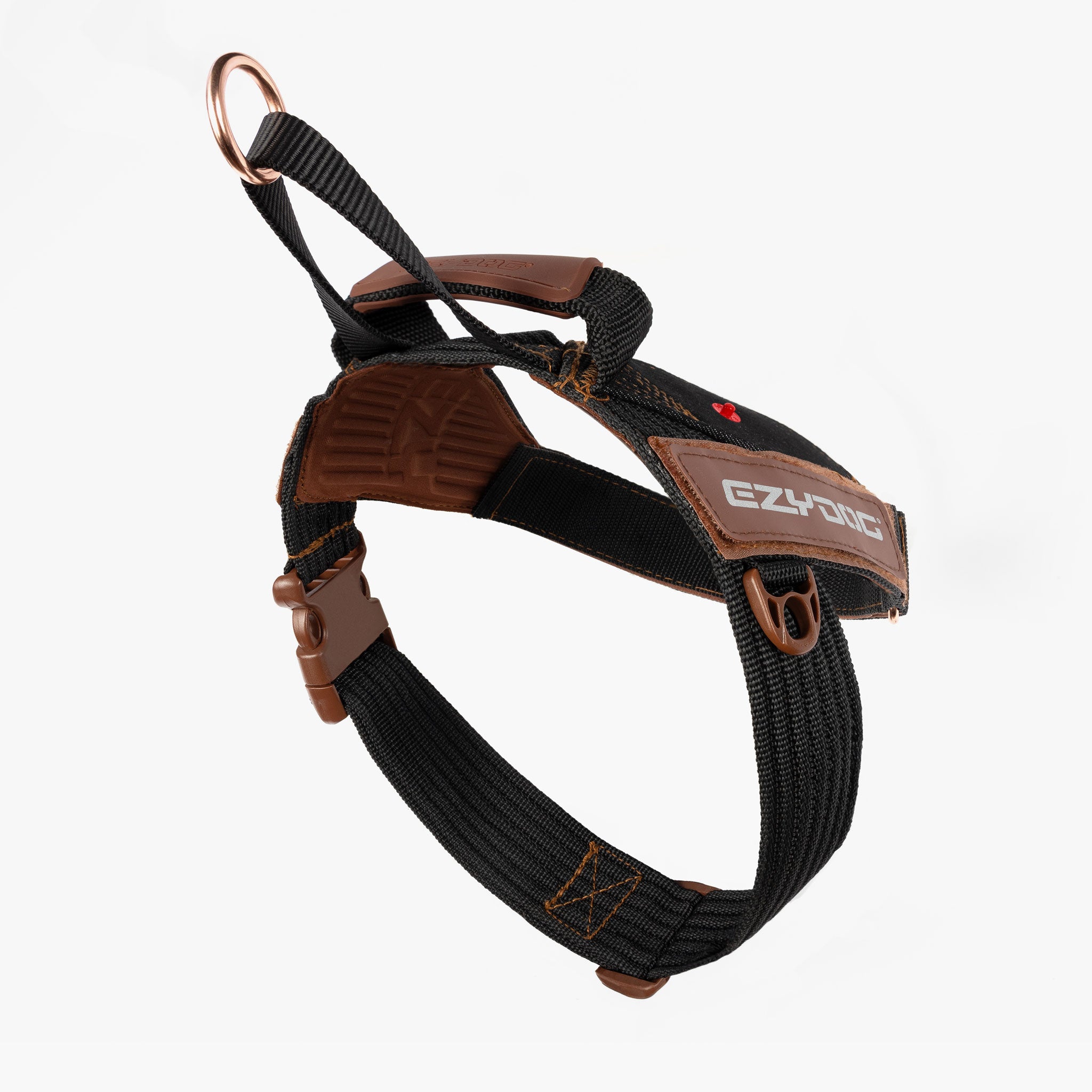 Black Denim dog harness with brown leather accents on a white background