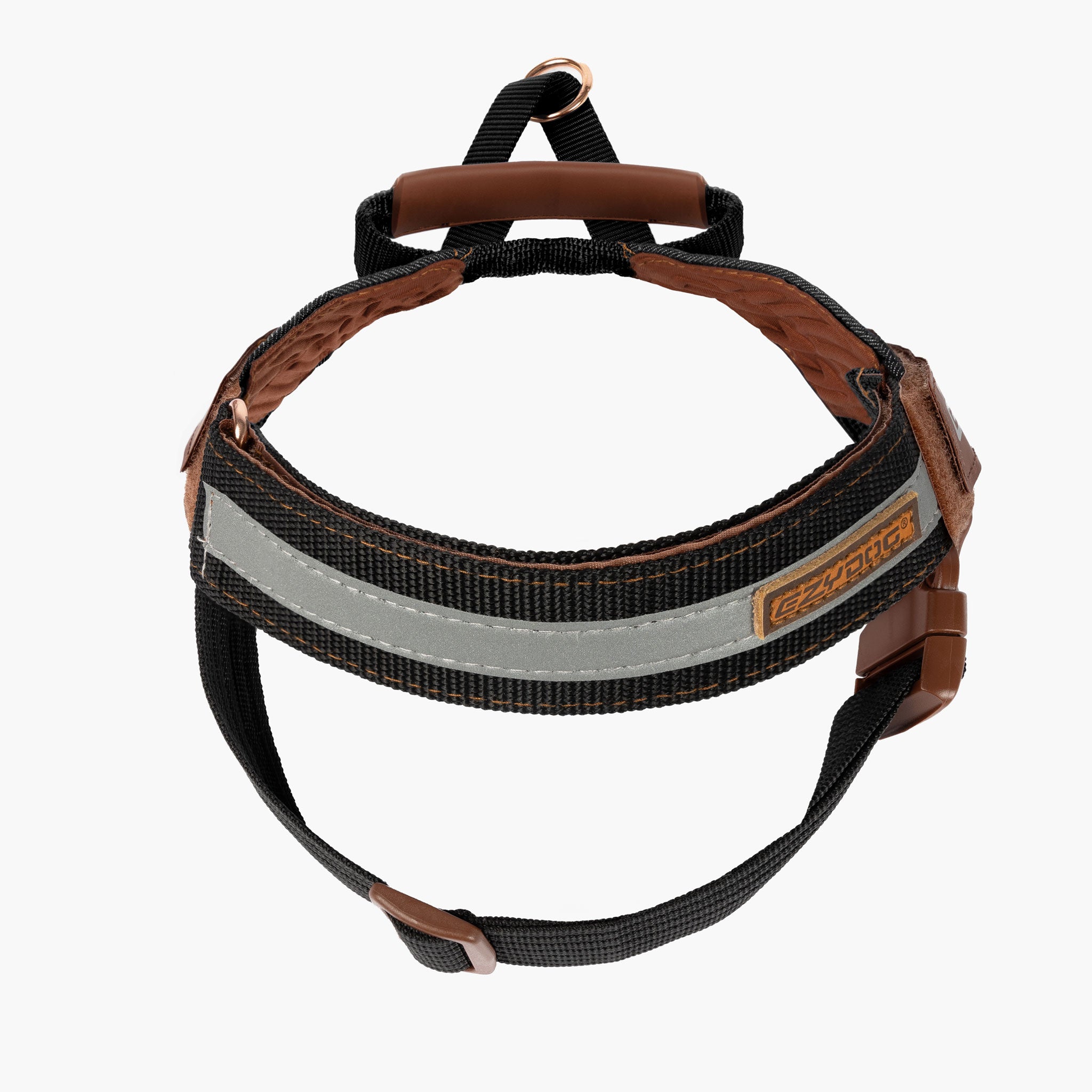 Black Denim Dog harness with brown leather accents and reflective strip on a white background