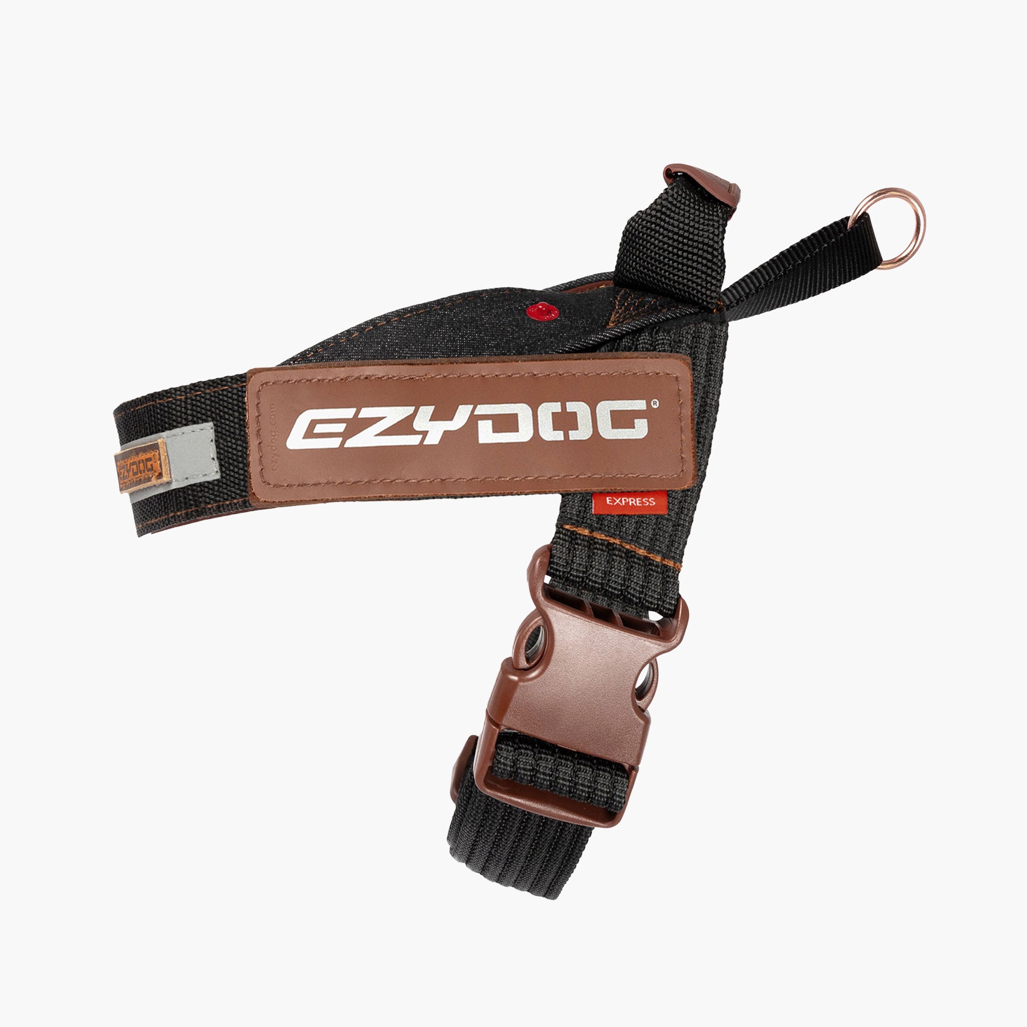 EzyDog dog leash with brown buckle and strap on a white background