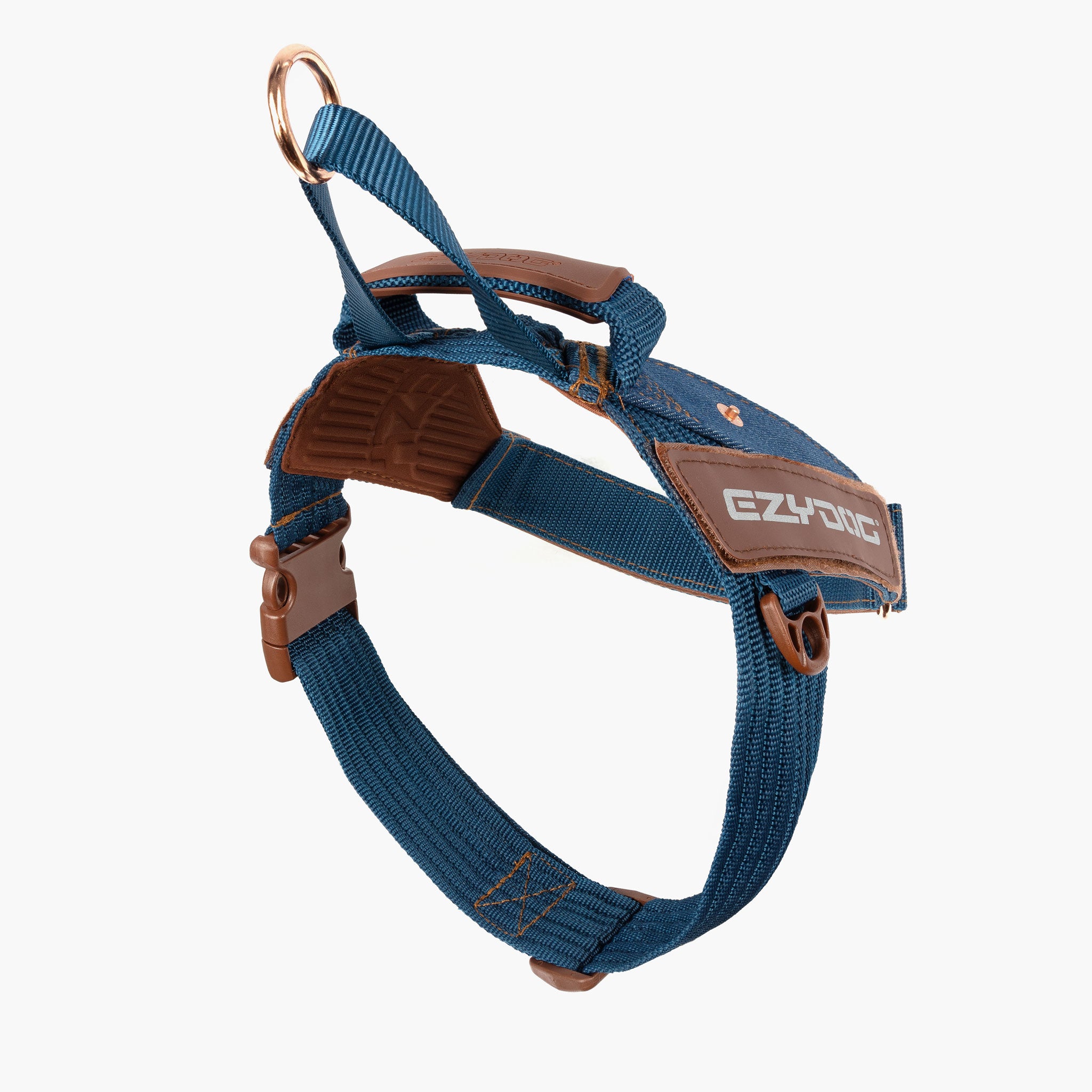 Blue Denim dog harness with brown leather accents on a white background