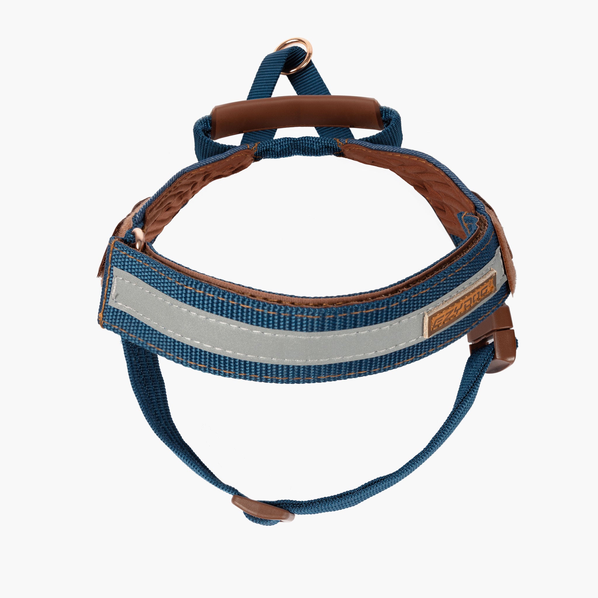 Blue Denim dog harness with brown accents on a white background