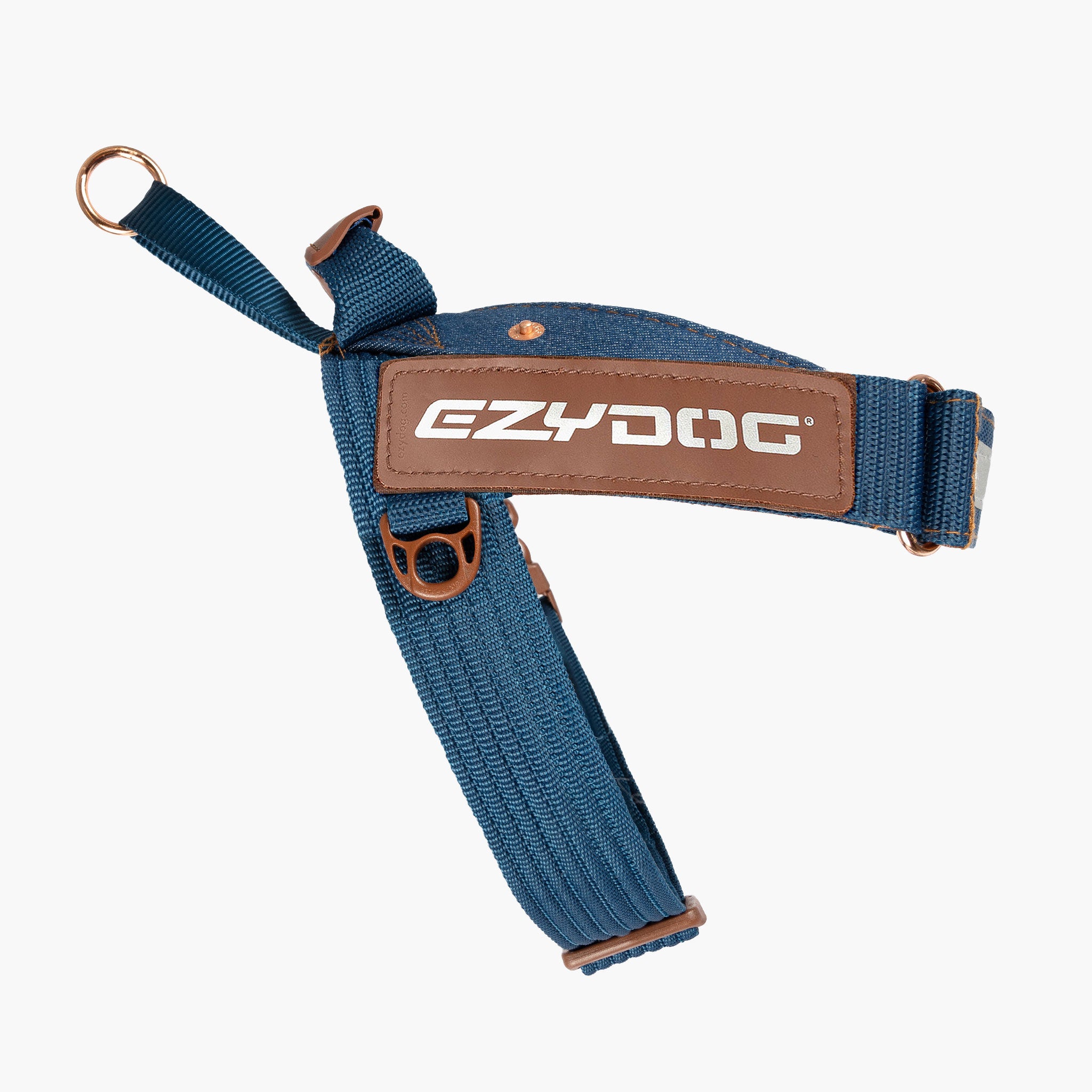 Blue Denim dog harness with brown accents and EzyDog logo on a white background