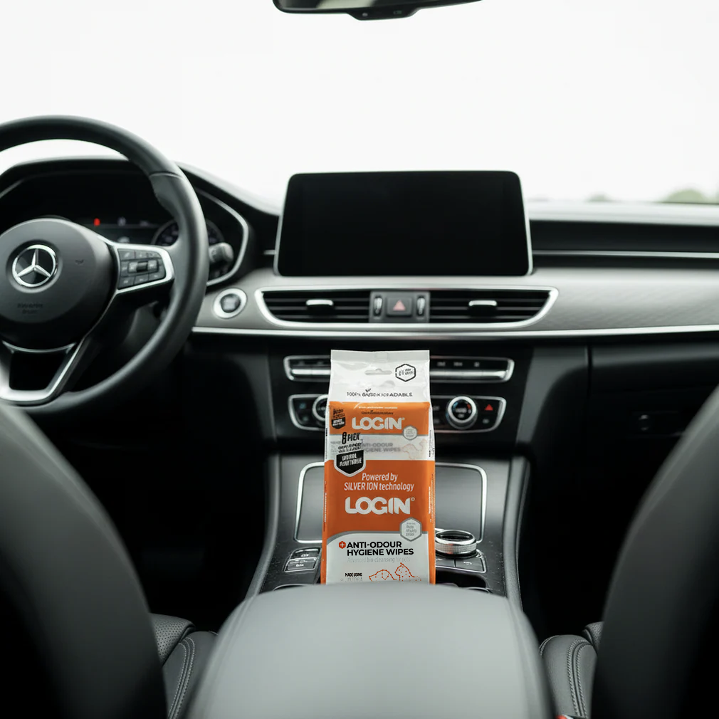 Pack of LOGIN anti-bacterial wipes on a car's console with Mercedes-Benz steering wheel.
