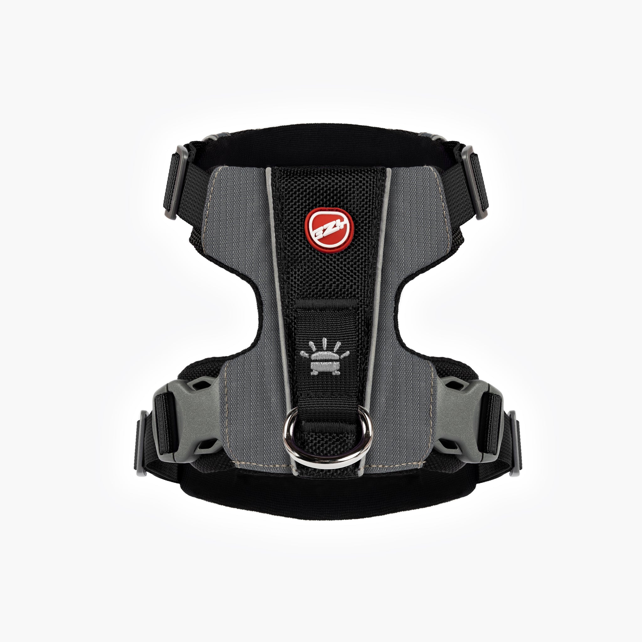 Back view of black EzyDog X-Link Harness with front clip and ergonomic padded chest panel