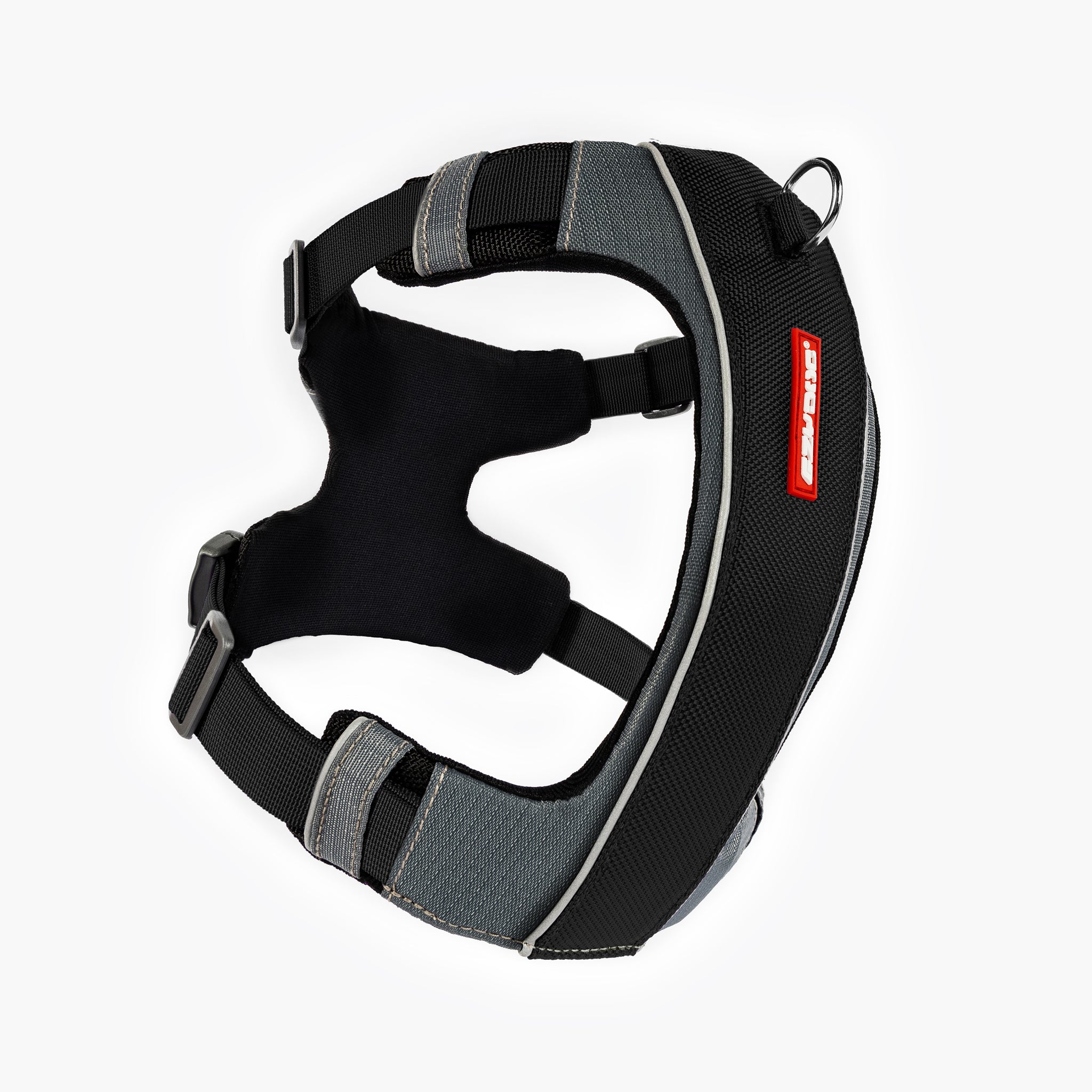 Front view of black EzyDog X-Link Harness showing reflective trim and padded chest panel