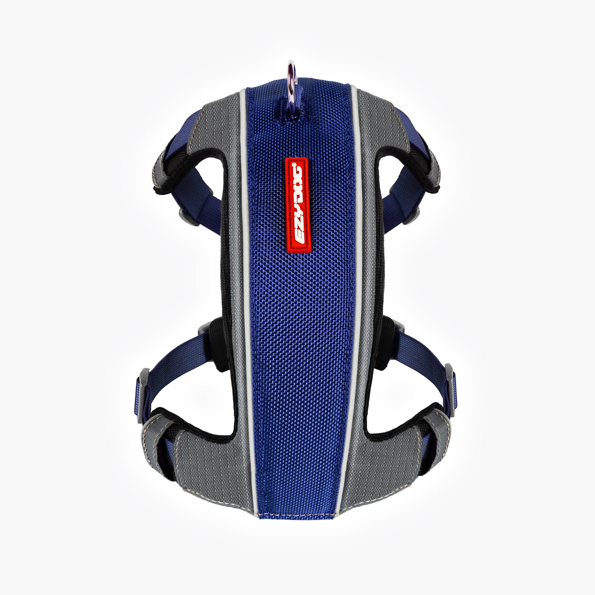 Front view of blue EzyDog X-Link Harness with padded chest plate and no-pull front clip
