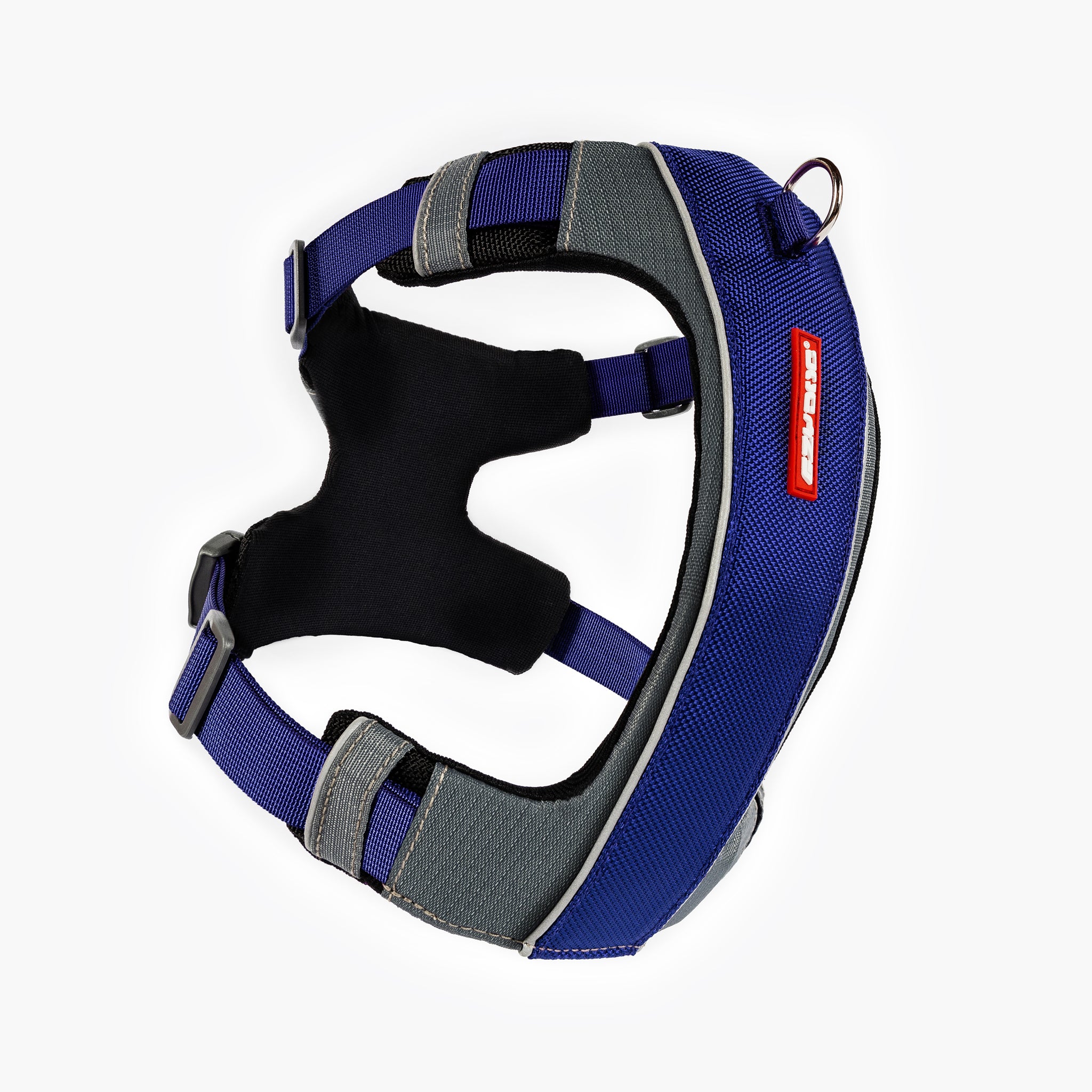 Front view of blue EzyDog X-Link Harness with padded chest plate and no-pull front clip