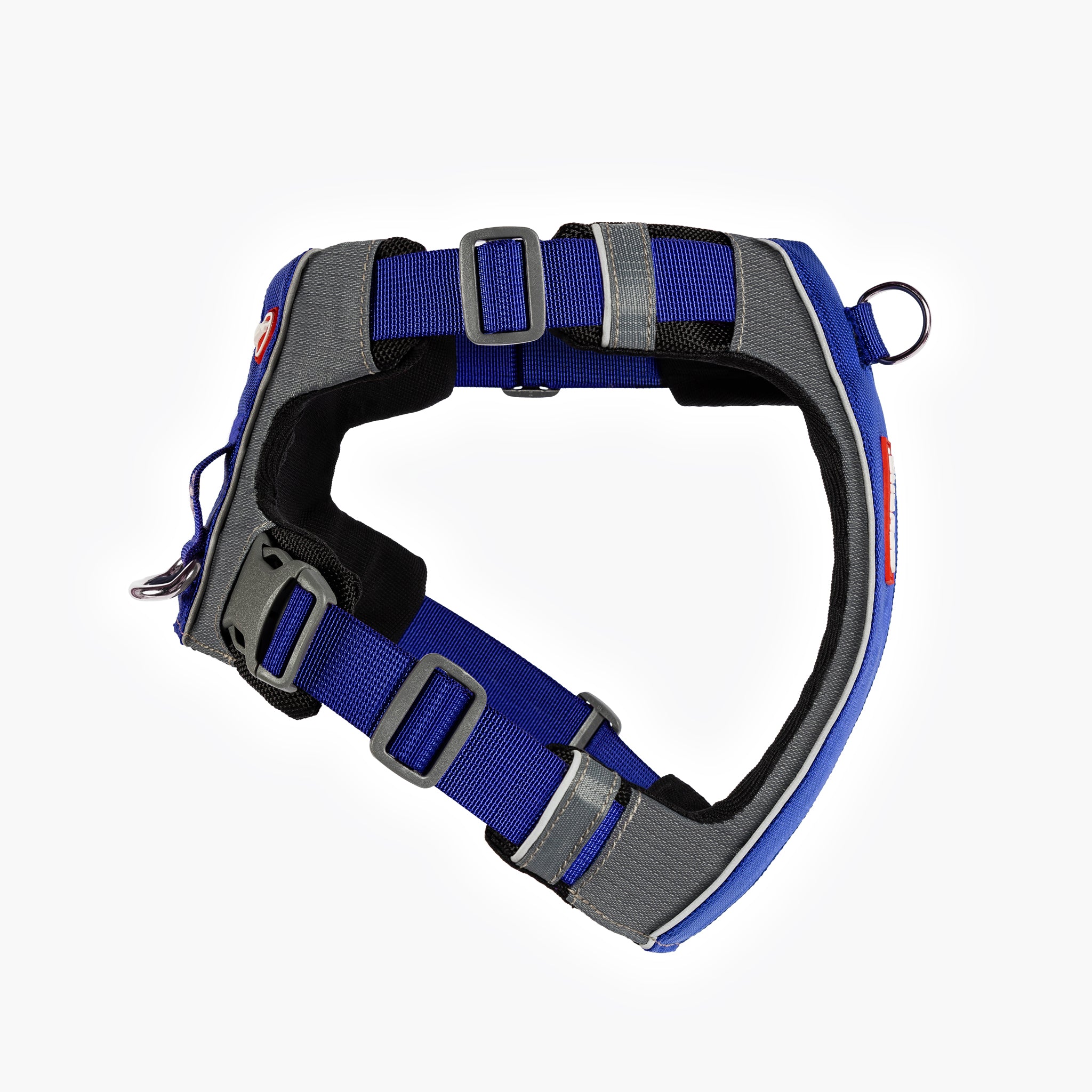 RHS view of blue EzyDog X-Link Harness with padded chest plate and no-pull front clip