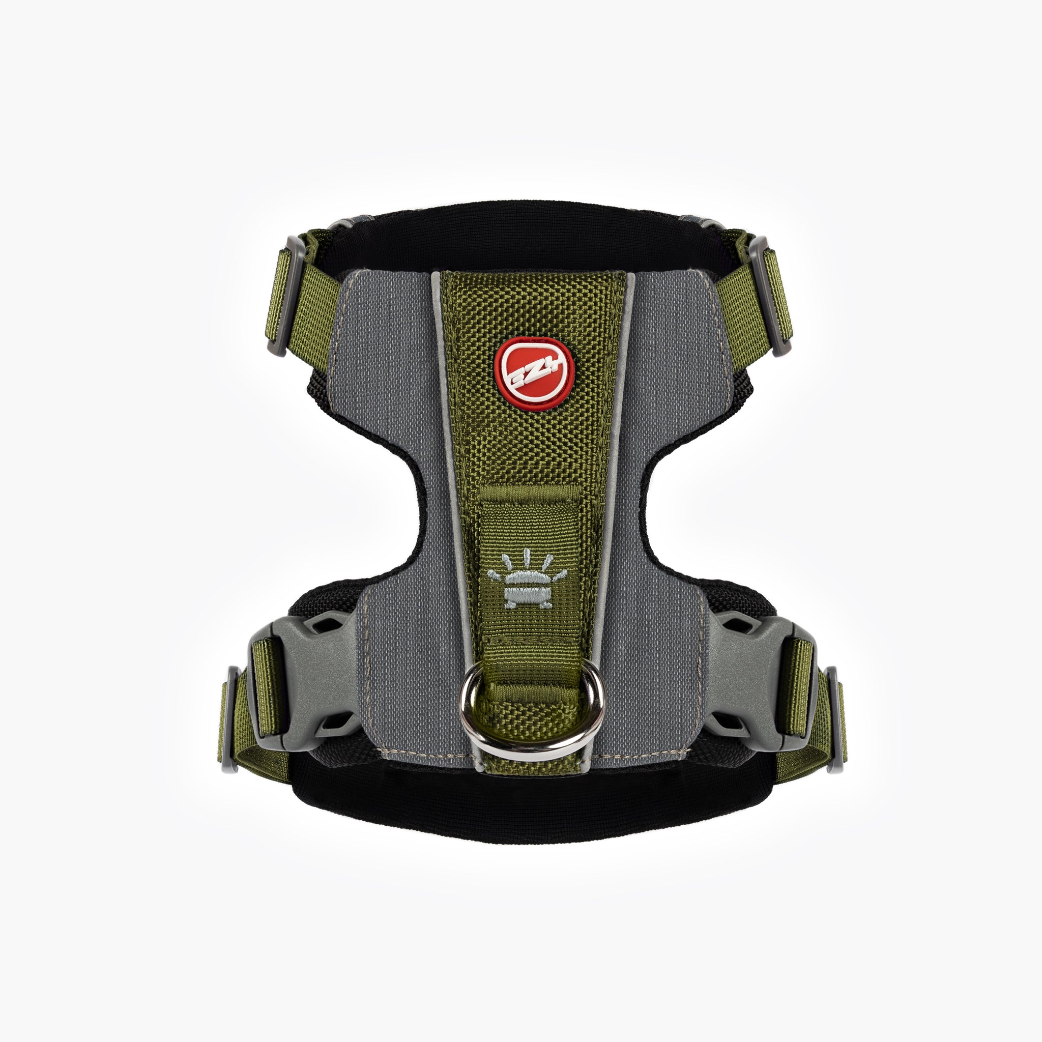 Back view of Khaki EzyDog X-Link Harness with padded chest plate and no-pull front clip
