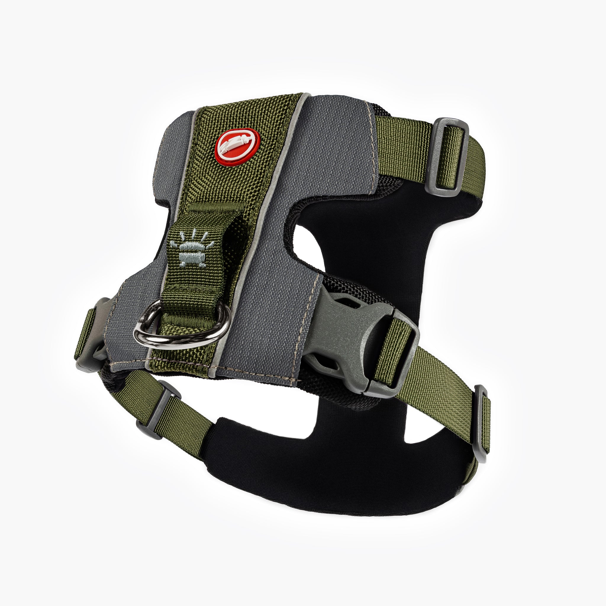 Front view of khaki EzyDog X-Link Harness with padded chest plate and no-pull front clip