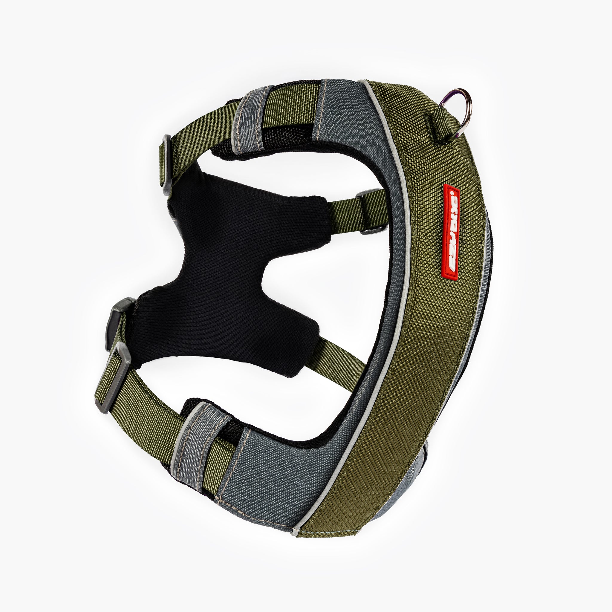 Front view of khaki EzyDog X-Link Harness with padded chest plate and no-pull front clip