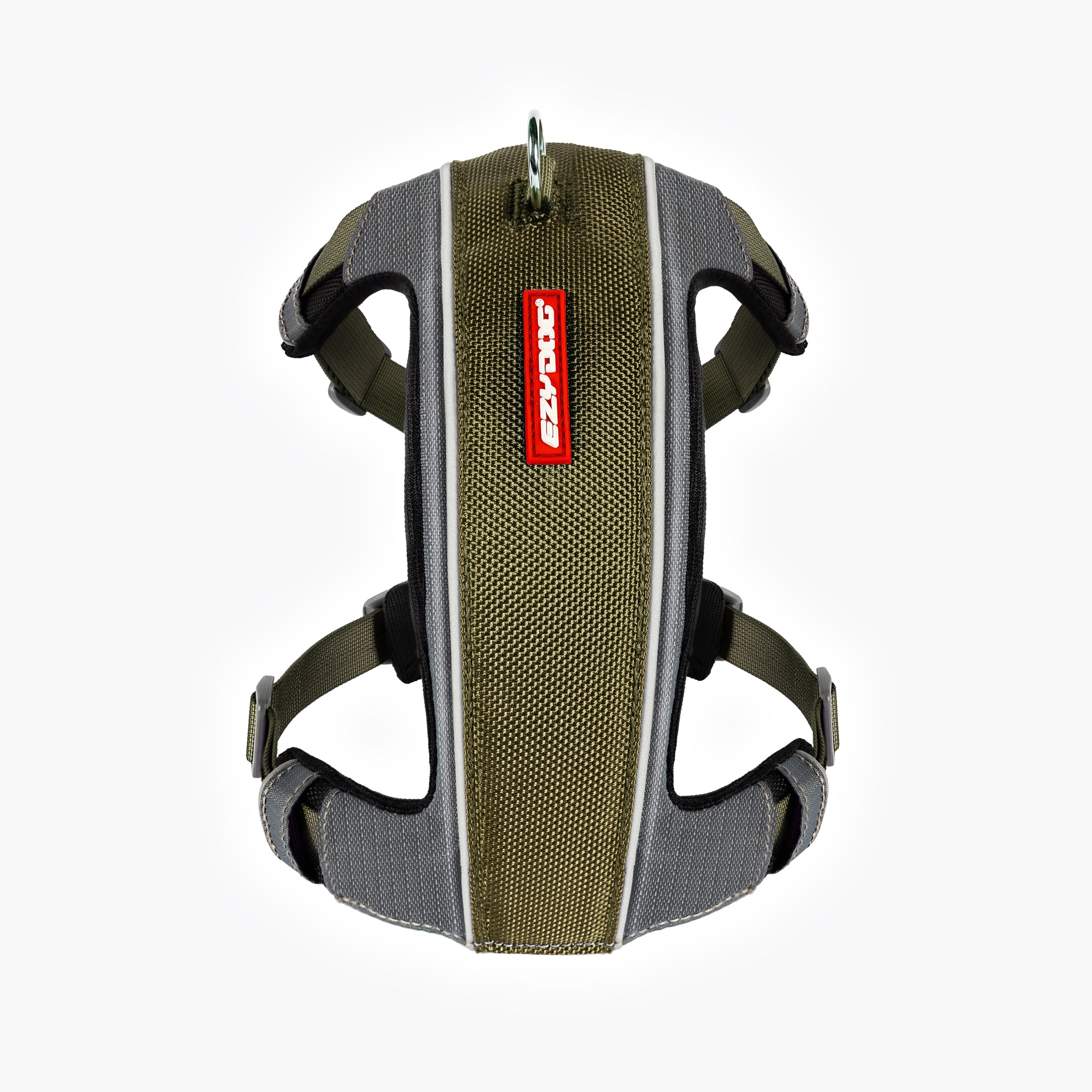 Front view of khaki EzyDog X-Link Harness with padded chest plate and no-pull front clip