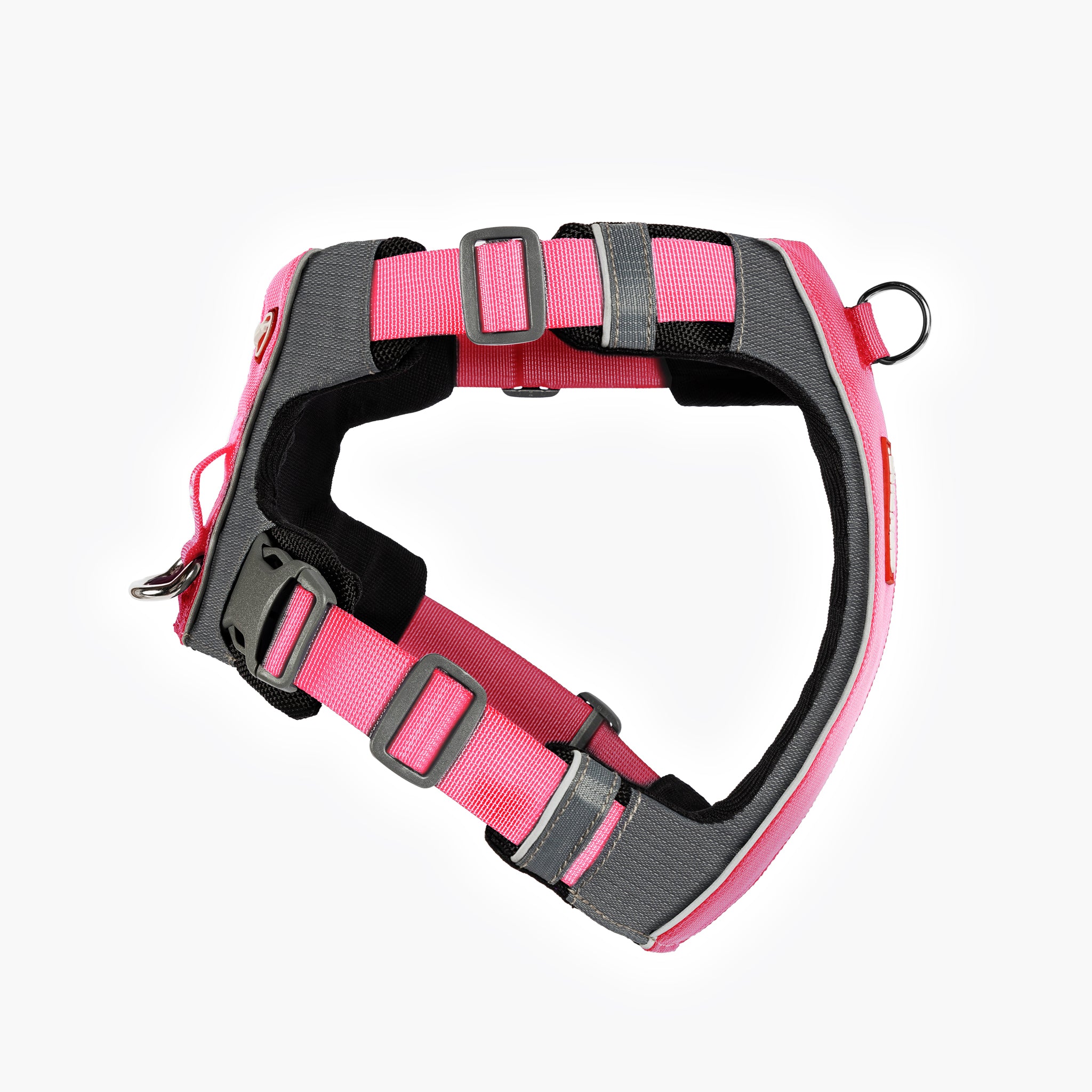 RHS view of pink EzyDog X-Link Harness with padded chest plate and no-pull front clip