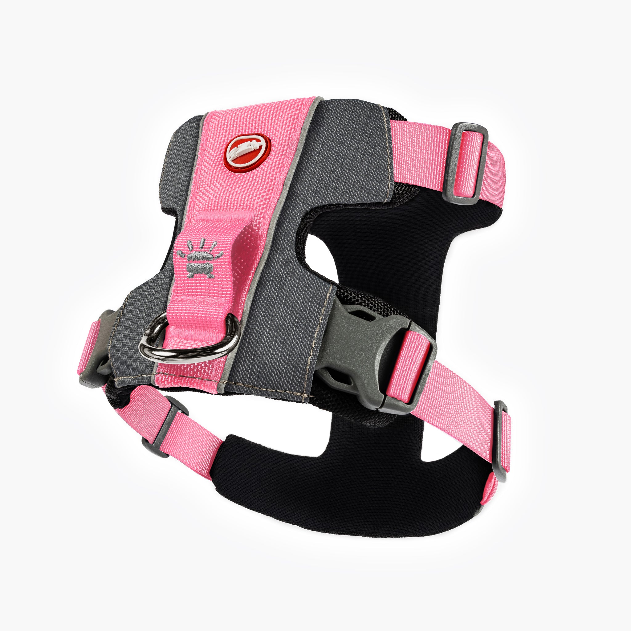 Back view of pink EzyDog X-Link Harness with padded chest plate and no-pull front clip