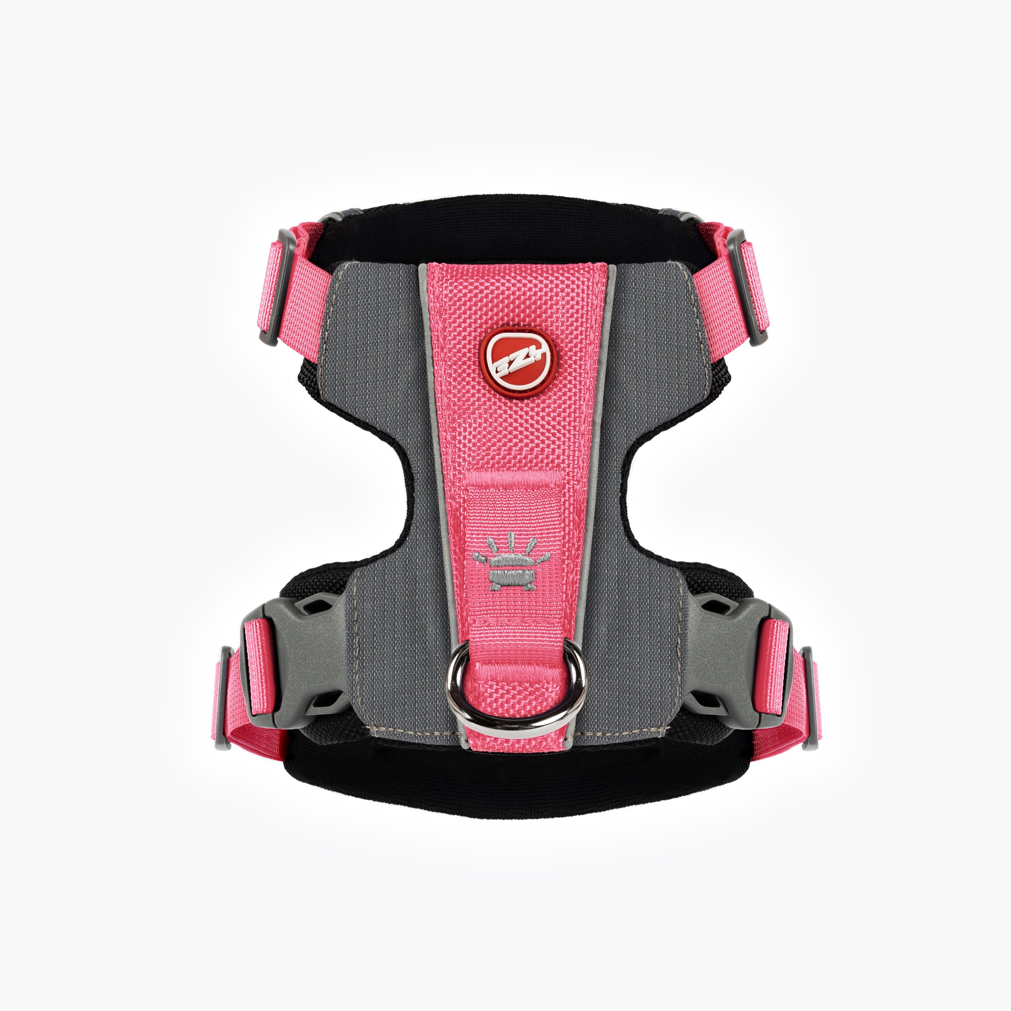 Back view of pink EzyDog X-Link Harness with padded chest plate and no-pull front clip