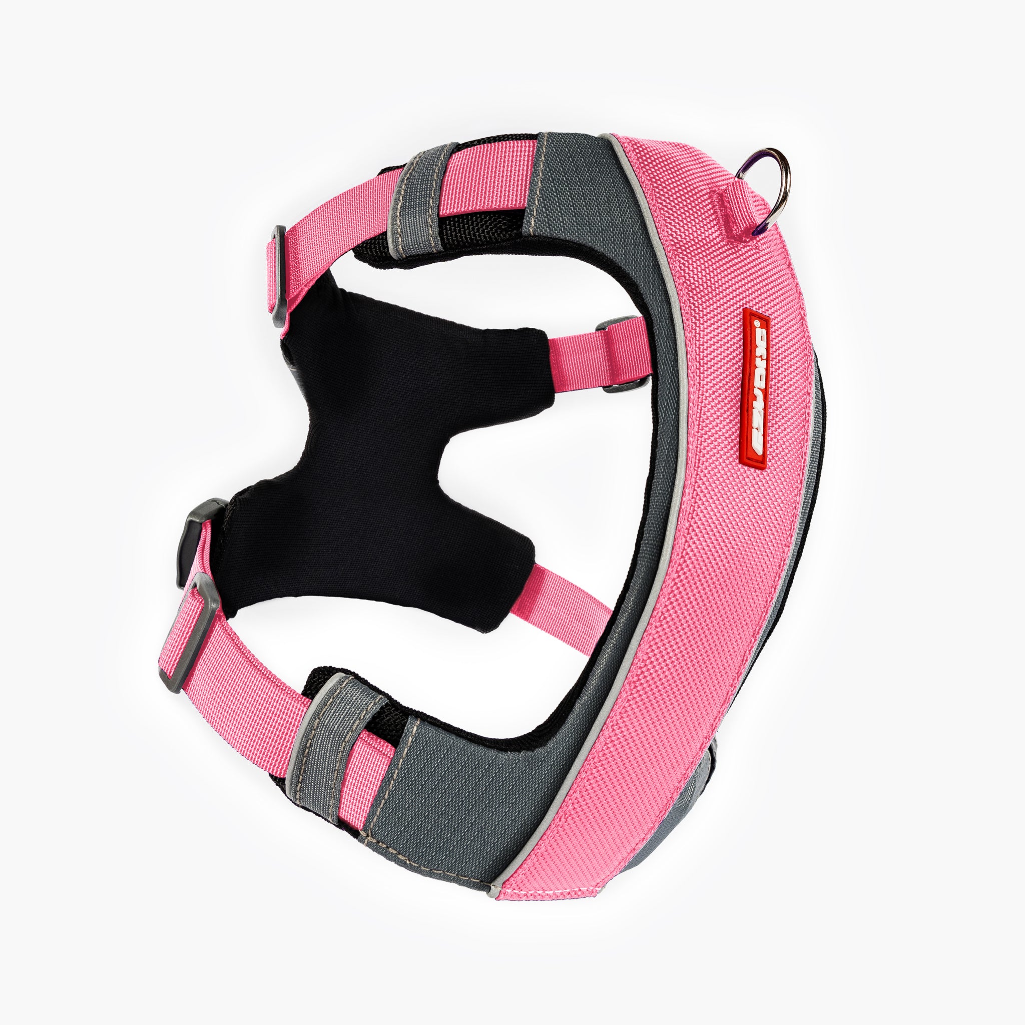 Front view of pink EzyDog X-Link Harness with padded chest plate and no-pull front clip