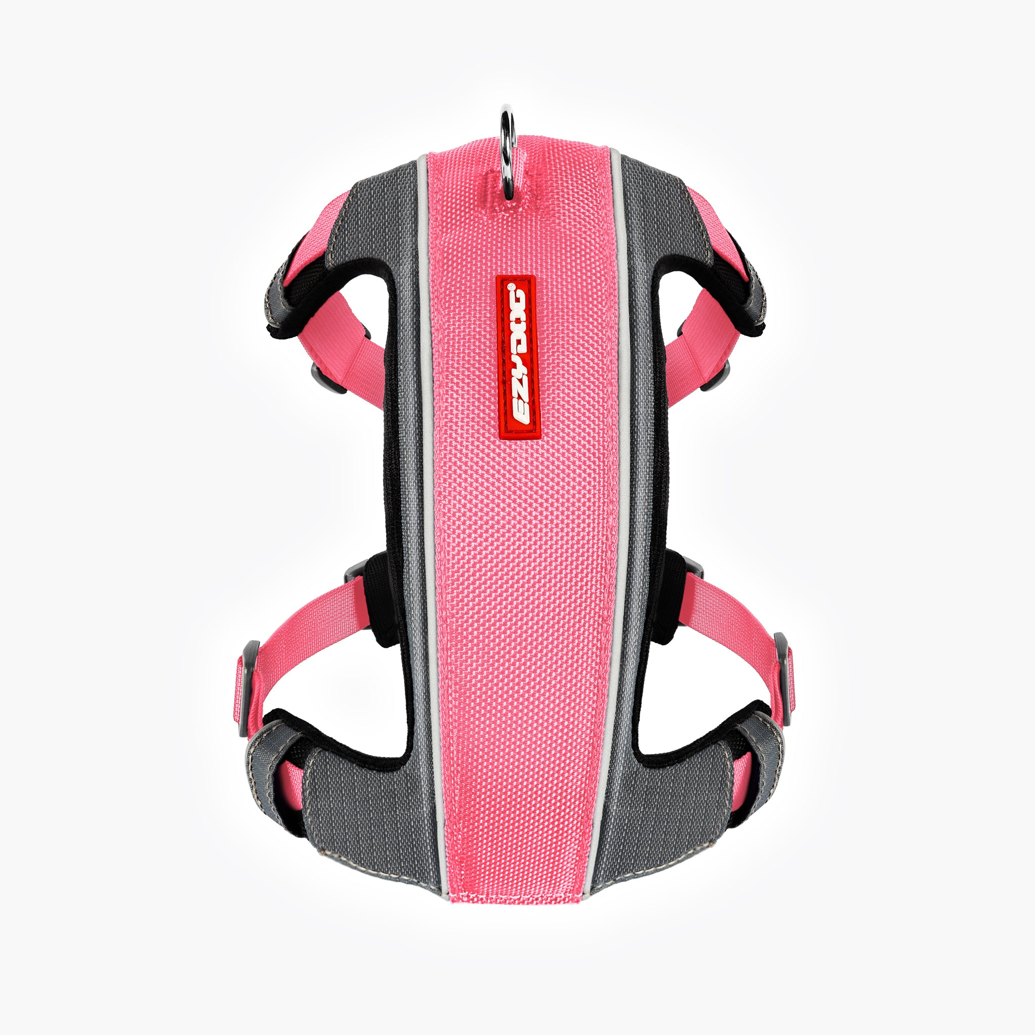 Front view of pink EzyDog X-Link Harness with padded chest plate and no-pull front clip